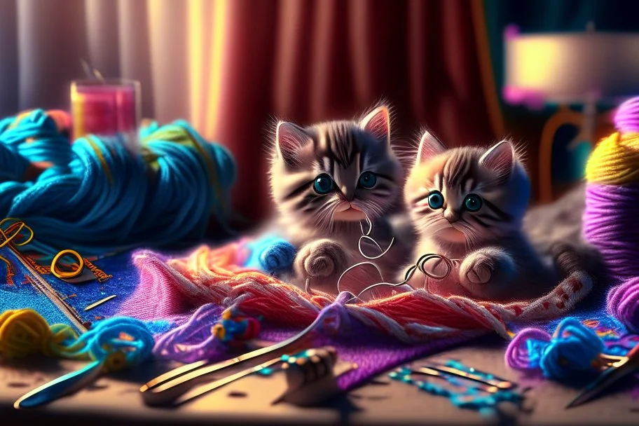 Hand sewn and embroidered extremely cute kittens, threads, sewing needles and a pair of scissors on a table on lace blanket in a luxury bedroom, centre, bold colours elegant fantasy 8k beautiful dynamic lighting award winning imperial colors hyperrealistic ultra detailed 4K 3D high definition crisp quality colourful hdr in sunshine