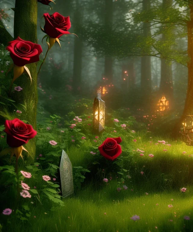 roses, axe, viking, romance, fantasy, fairies, runes, norse, red, goth, cinematic lighting, octane render, ambiance, professional photo, unreal engine