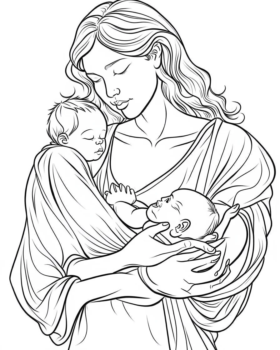mother with her new born coloring page, full body (((((white background))))), only use an outline., real style, line art, white color, clean line art, white background, Sketch style