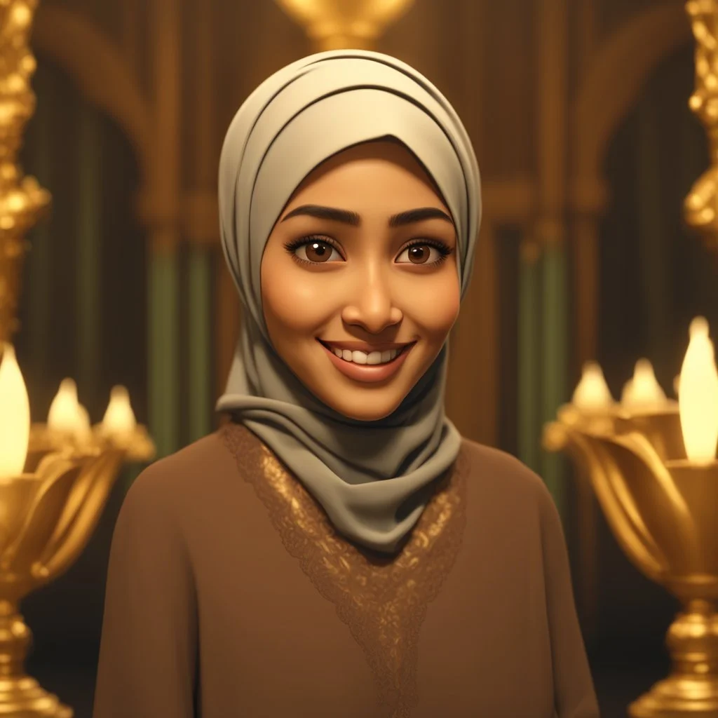 a portrait of smiling moslem woman. indonesian-arab. carricature. wearing headscarf. warm undertone brown skin. black eye pupils. diamond face shape. formal dress. pixar style. 3D. 4k. portrait. highly detailed. sharp focus. high resolution. full color. cinema lighting