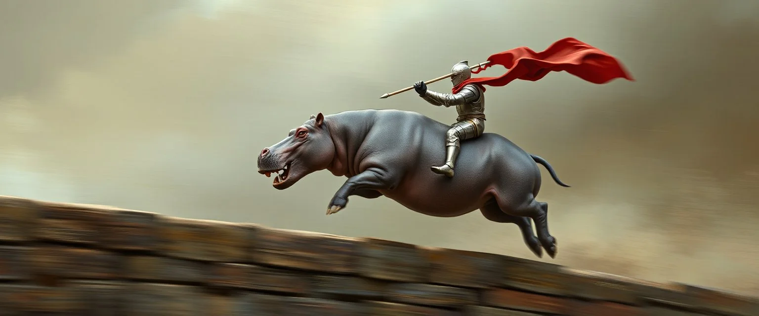 fast hippo hog kentaur jumping a wall with knight rider and lance, motion blurred background, painted by rembrandt and Leng Jun