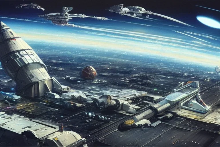 Spaceship starting from a Spaceport on a heavy industrialized planet, art by John Berkey, insanely detailed, vibrant, 8k uhd, ultra-wide angle, street level view, brush strokes