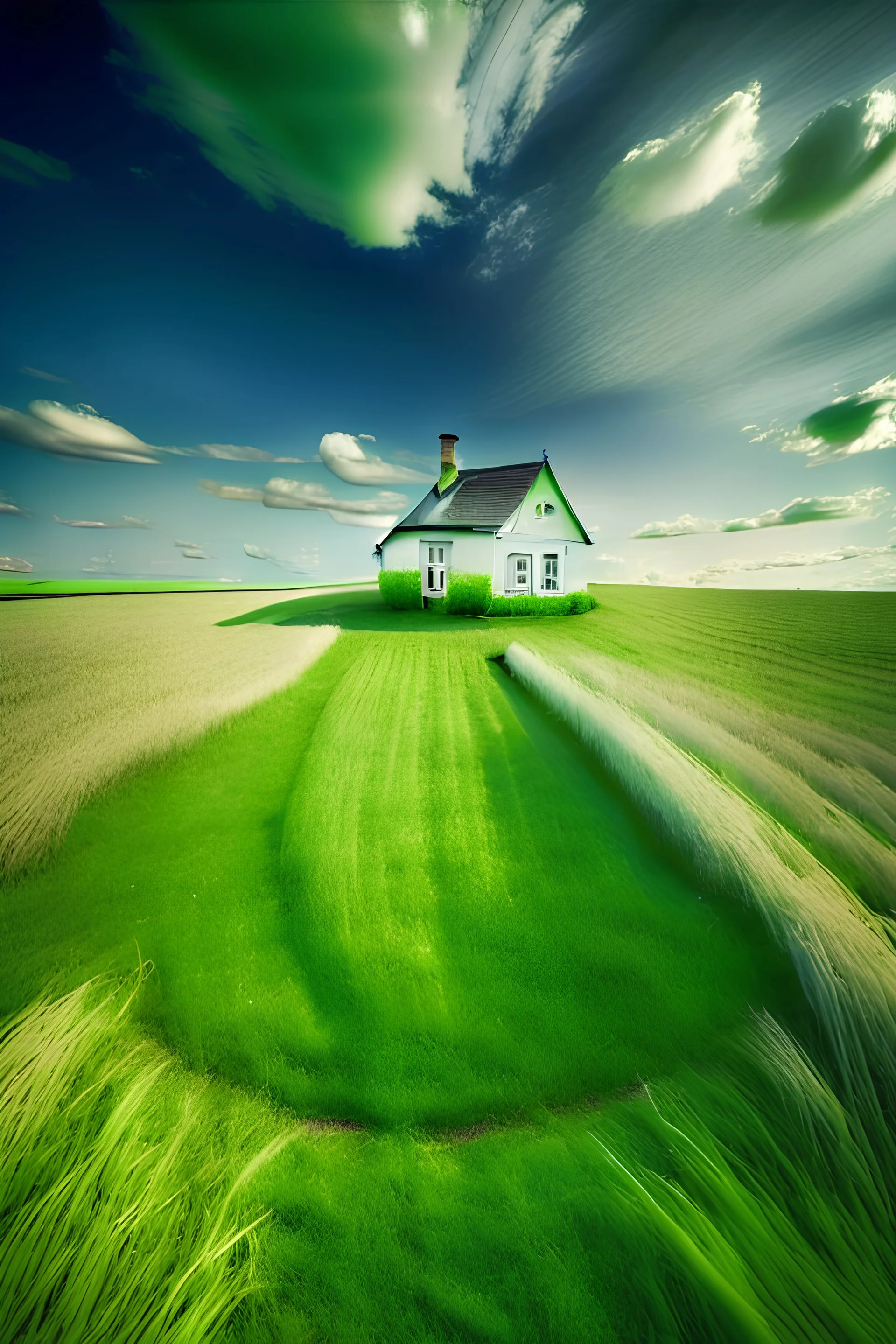A picture taken of a small house in the middle of a beautiful green plain with wide lens by Canon d80 camera