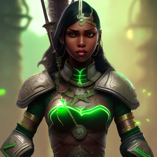 fantasy setting, insanely detailed, dark-skinned woman, indian, green and black hair, warrior, mage