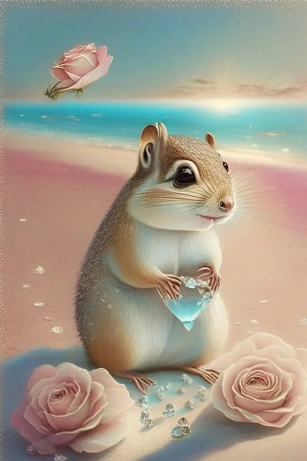 adorable chipmunk holds a diamond, roses on the beach, soft rounded edges, gentle, serene, magical, pastel colours, dynamic lighting, a masterpiece, surreal, Catrin Welz Stein style in sunshine