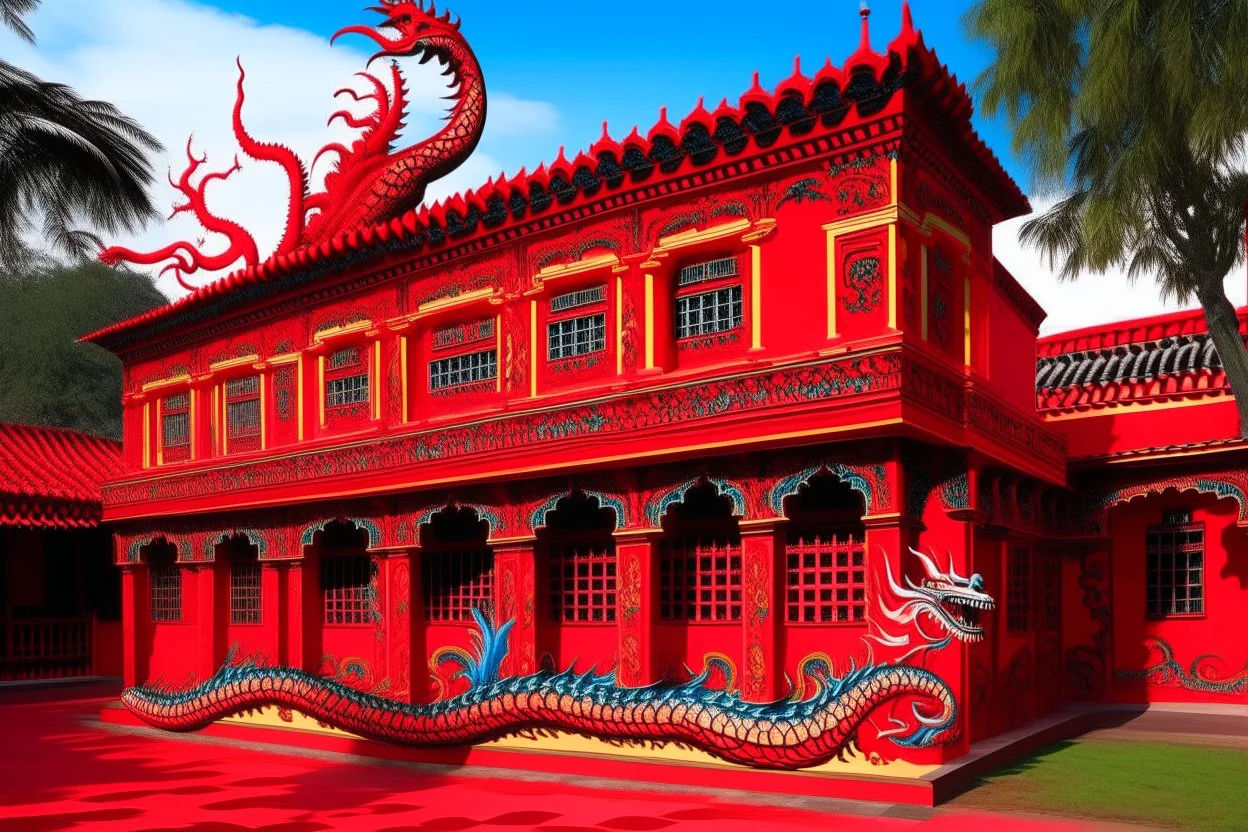 A red palace with a fiery dragon designed in Indian Gond art painted by Andy Warhol