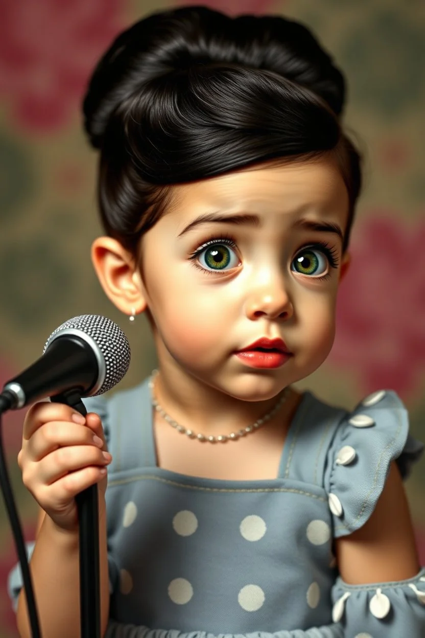 Toddler Singer Amy Winehouse in the style of Margaret Keane, big green eyes, beehive hair