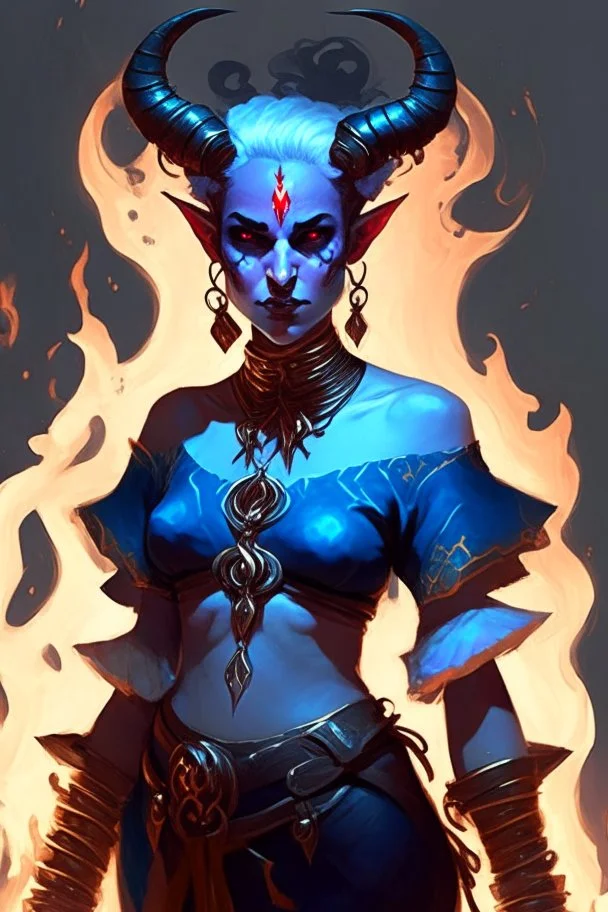 A full body image of this tiefling woman she has fire powers, she is floating she has lots of jewelry and the horns of a ram