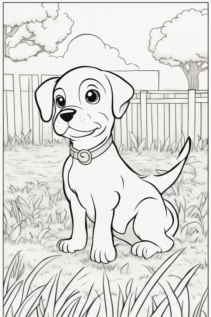 coloring page, puppy on the lawn, cartoon style, thick lines, low detail, no shading