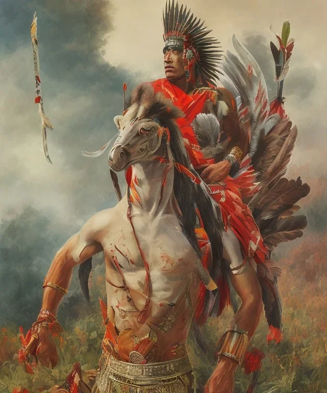 Guaicaipuro, native american god, 30 years old, Muscular warrior, red feathers headdress, shirtless