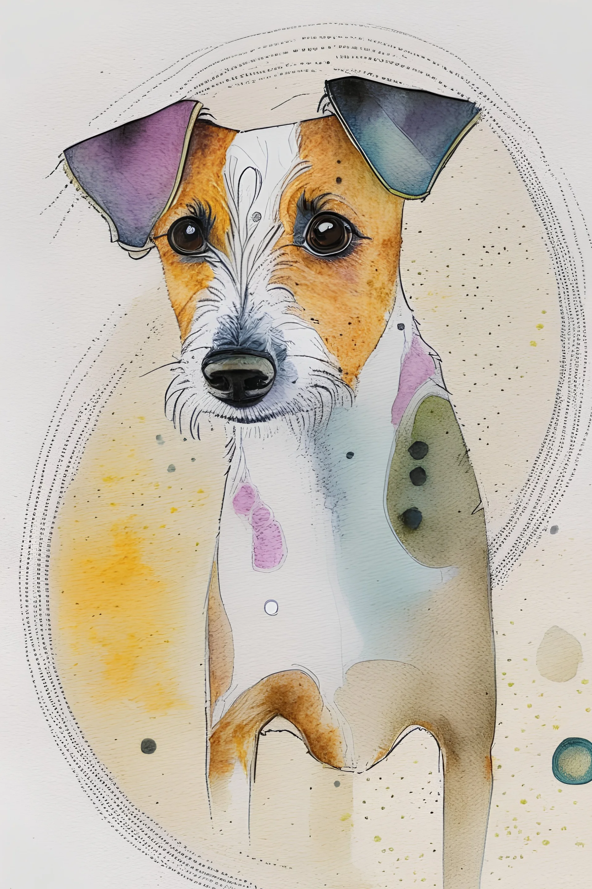 abstract watercolour of a jack Russell dog’s head in the style of Valerie Davide with bifurcated circles and thin pencil lines
