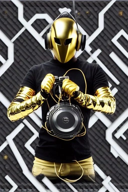 Metallic Cyber-punk style man with a web-camera-mask and old AKG-style headphones with golden rings. Large fencing mask covers man's cheeks. Man in good body shape. Reflective plastic. Body and head full of integrated old-fashioned cameras and an old telephone. Perfect body. Euclidean 3D-tiling, Escher tiling, background. Cables from body, symmetric. Daft Punk, Matrix movie black leather jacket with a Hood. Yellow latex areas in black leather surfaces body. 1990's. Porsche-design-lights