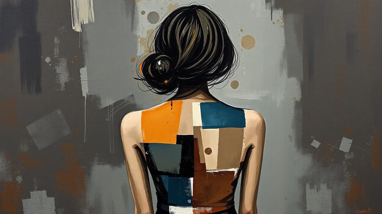 An abstract painting of a female figure viewed from behind, rendered in fragmented, geometric shapes with bold brushstrokes and a palette of earth tones, blues, and grays against a dark, textured background.