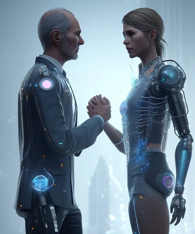 detroit become human, two people looking at each other, handshake , sci-fi fantasy style, volumetric lighting, particales,highly detailed,cinamatic, deep colours,8k.