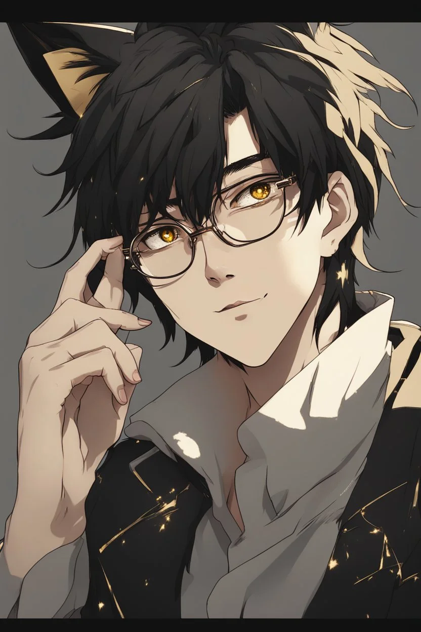 Anime style man with messy black hair and black cat ears. gold eyes. Glasses