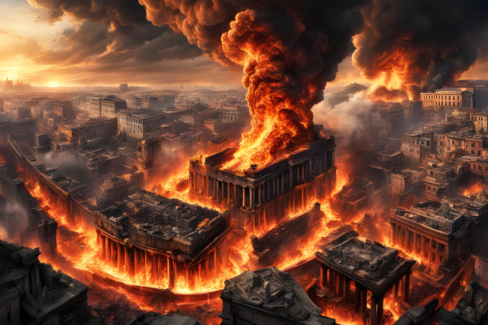 Long shot of Ancient Rome consumed by a raging windswept city fire, Photorealistic, columns of flame, flame tornadoes, swirling smoke, flames, fire, conflagration, dramatic, expansive, hyperdetailed, mega maximalist, insanely maximal, color phororeal.