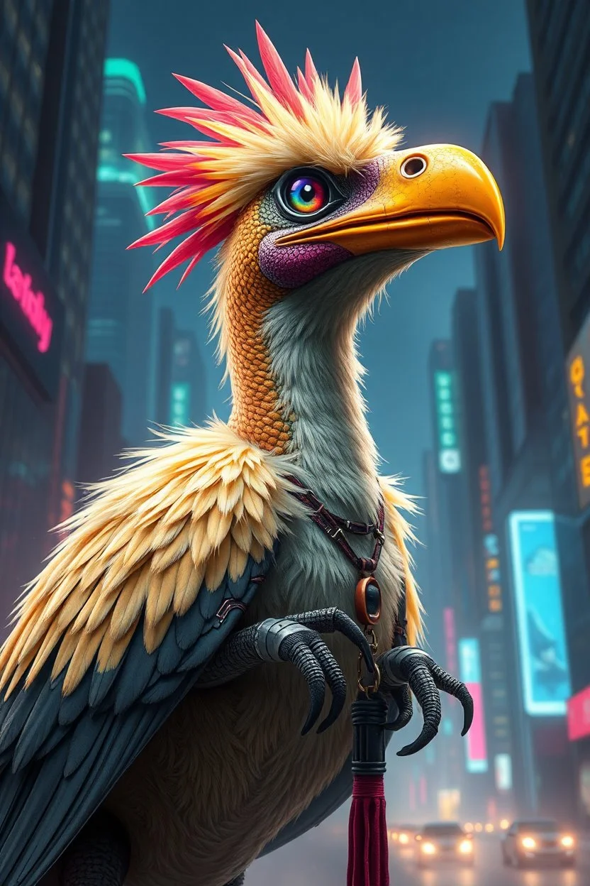 cyberpunk dinosaur weasel bird rasta man with cute fur, in big cyberpunk city