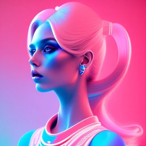 blonde woman, topknot hair, retro futuristic, velvet dress, gradient color, BLUE, PINK, CYAN, neon, insanely detailed, 16k resolution, perfect eyes, cinematic smooth, intricate detail