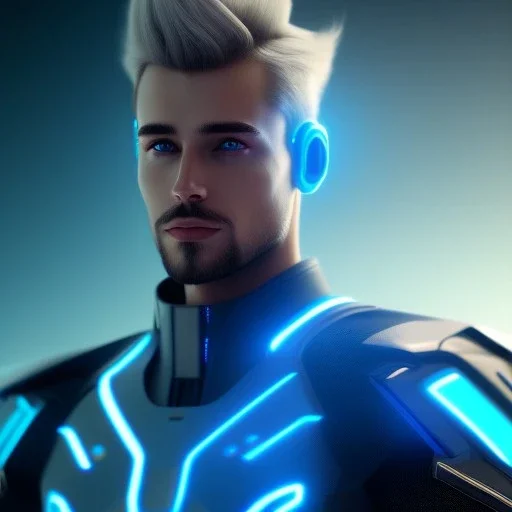 Handsome sexy galactic man with blue and blond hair in the wind, lightining tron suit, lights, hight détails, cinematic, artstation, unreal engine 5, stars in background