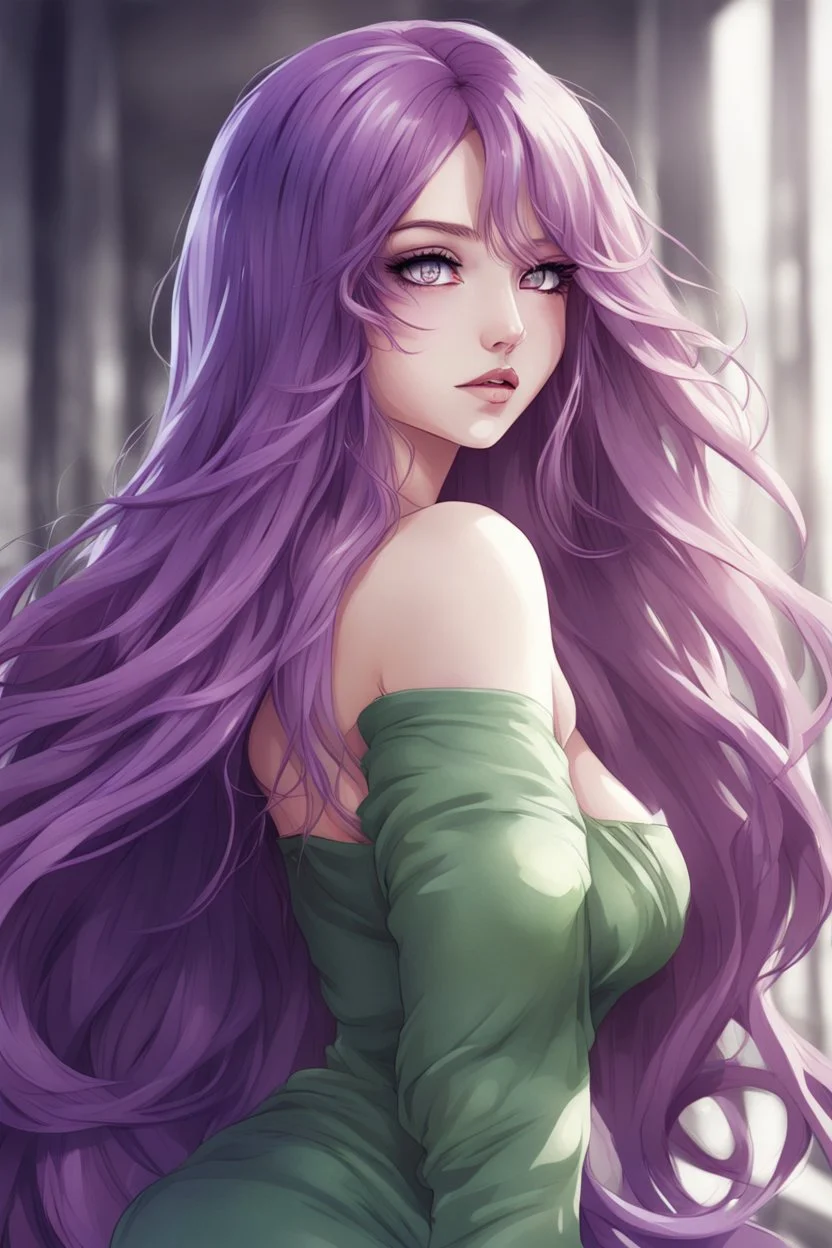 beautiful curvy woman with green eyes and long purple hair anime