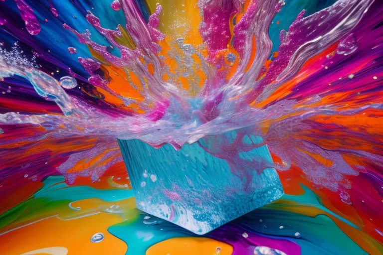 Image capturing the fantastical scene you described, with a central female figure surrounded by an explosion of floral and fluid elements, mixing hyperrealism with a touch of surrealism. The vibrant colors and dynamic movement create an immersive and energetic composition. Image is inside an ice cube on a coffee table.