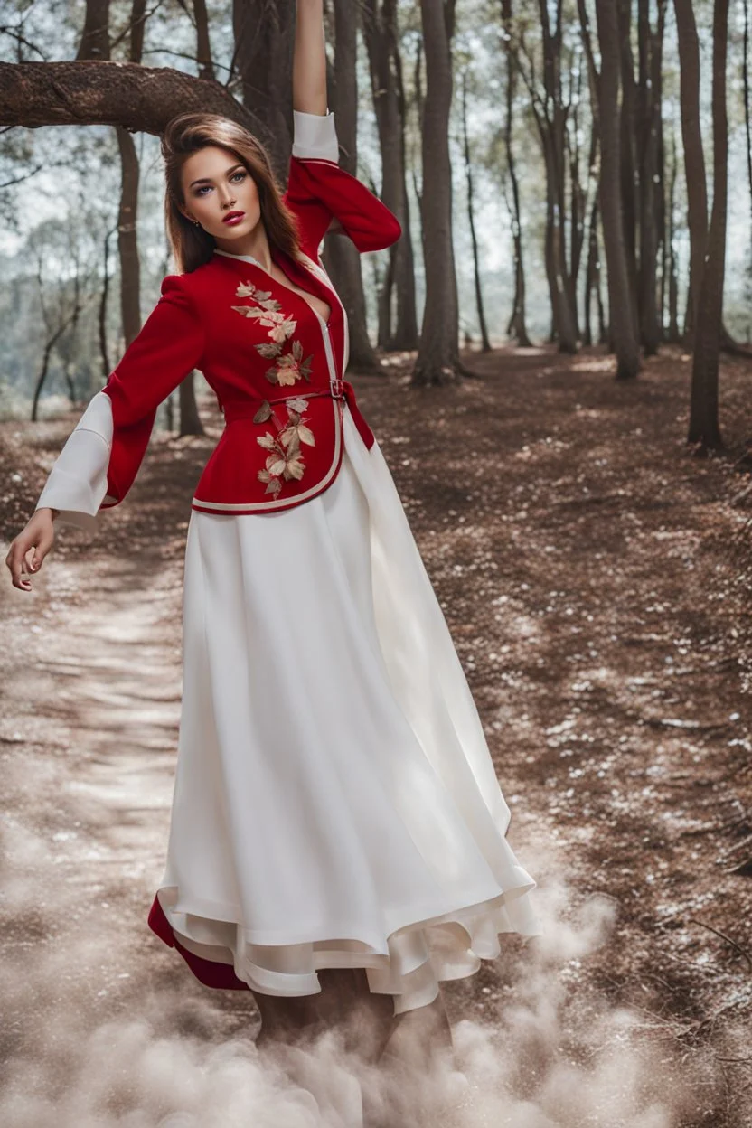 fullbody shot of young-beautiful-girl-with-a-perfect-face standing in green trees