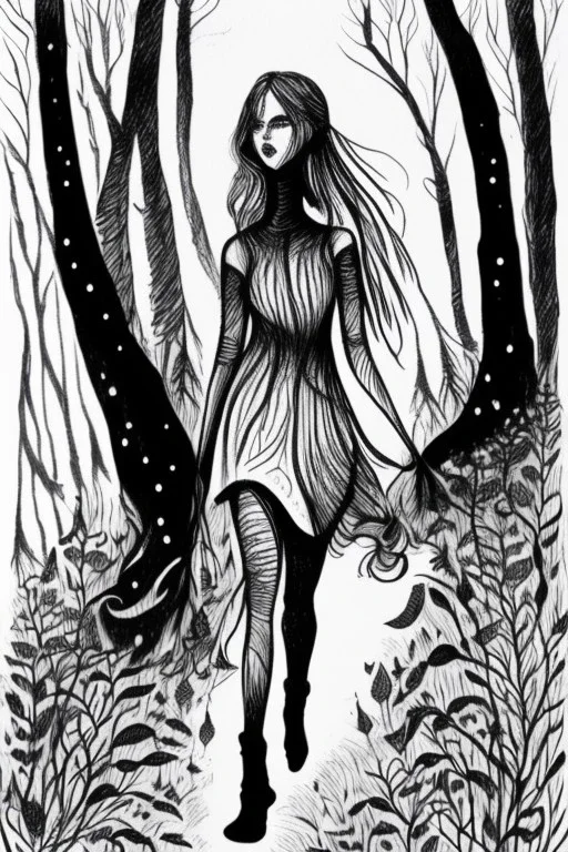 Forest Fairy walking black and white ink drawing