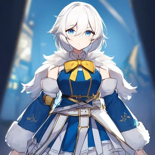 Clear focus, High resolution, rough line sketch art, short fluffy white hair, hair between eyes, fluffy hair, blue eyes, wearing a sleeveless shirt, wearing a a pleated skirt , detailed outfit, lots of details, bow on belt, white belt, white and blue everywhere on outfit, cut sleeve, yellow chains around outfit, concept art