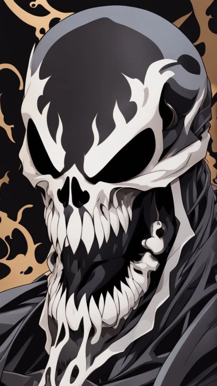 A close picture to Mix between Skeleton and venom symbiote in solo leveling shadow art style with venom smile