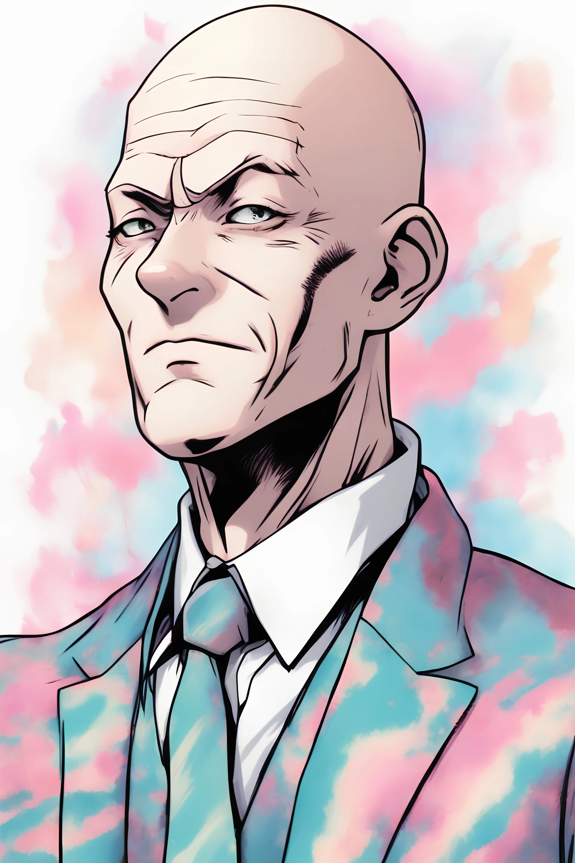 Bald Man with a feminine face, long nose, makeup, tie-dye unitard, drawn in the "My Hero Academia" art style.