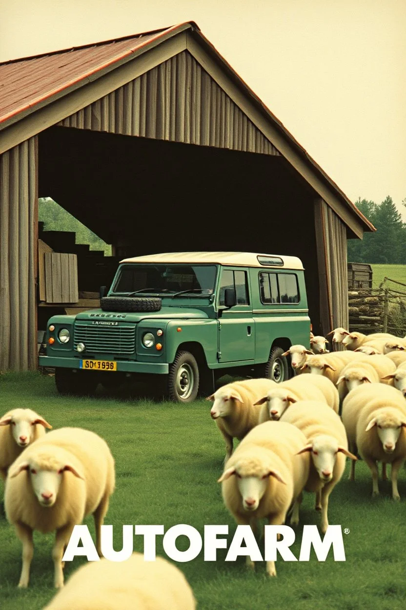 nike print ad from the 80s, mcdonalds ad from the 80s, mac computer ad from the 80s, featuring a landrover being fixed at a farm. sheep are all over the place, company name in bold (AUTOFARM)