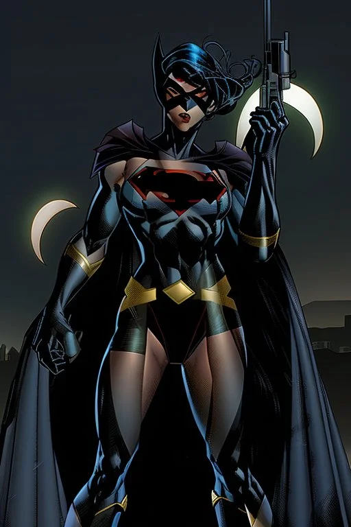 dark supergirl over a high building with a big machinegun light by the moonlight jim lee style