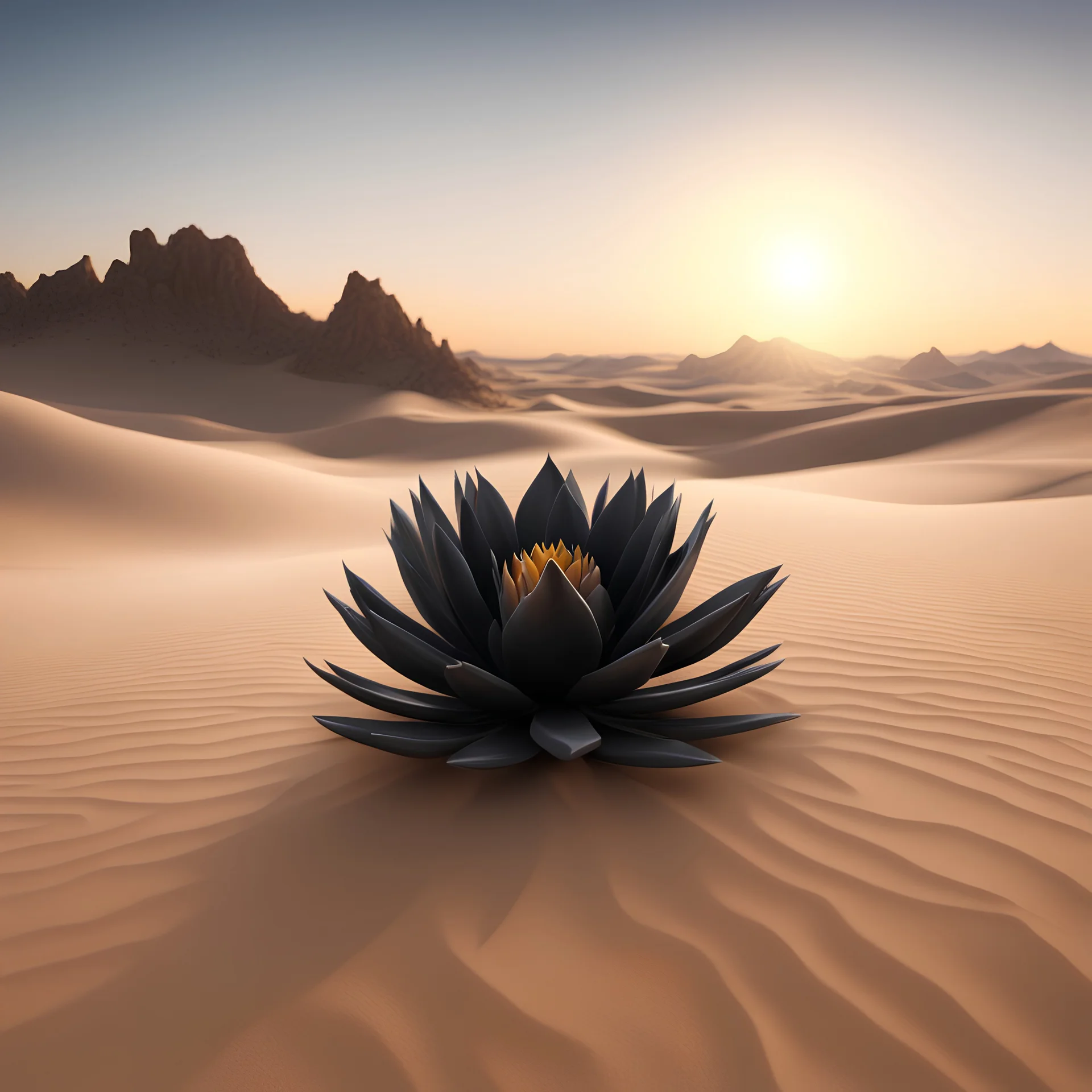 photorealistic, a beatuiful black succulent in the middle of the dessert is seen in the middle of the frame, in the background you can see sand dunes and on the left side a sand rock formation, apart from the one succulent there are no other plants around, the sun is slowly setting and the sky is clear