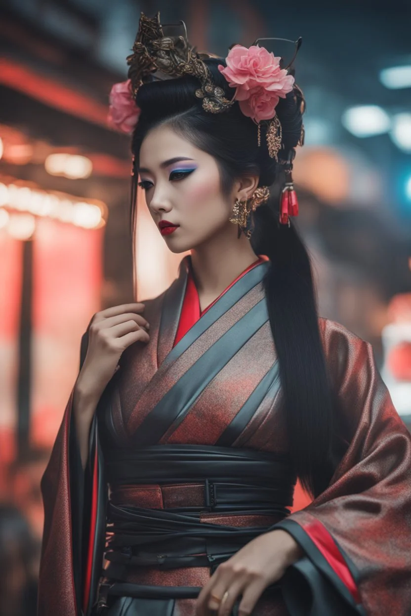 ((Lost suit)),((lost clothes)),Ultra realistic photo beautiful cyberpunk geisha woman , futuristic style, HOF, captured with professional DSLR camera, 64k, ultra detailed,