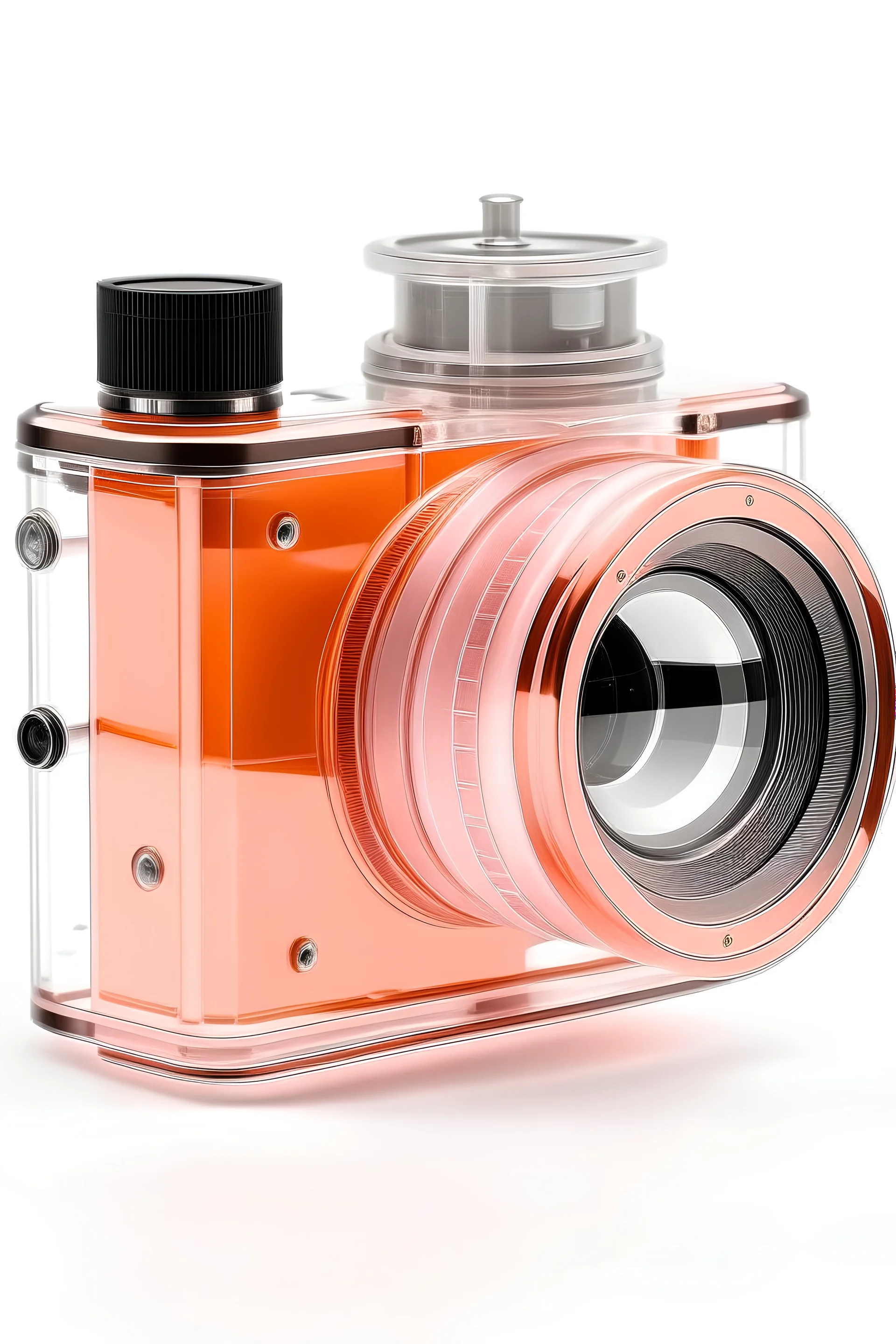 transparent orange and brown photo camera with a pastel pink teleobjectiv lenses