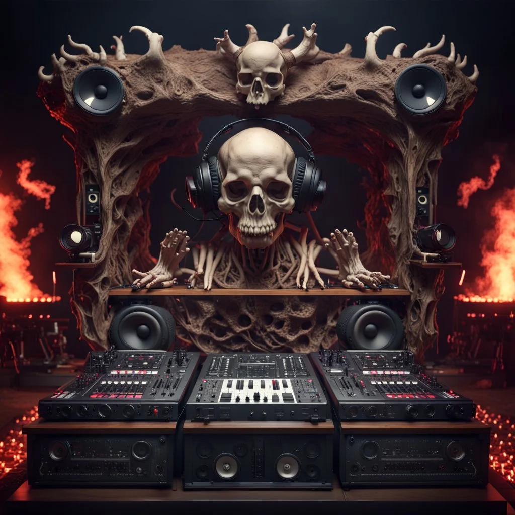 DJ of the damnded, insanely detailed DJ booth in hell, MID set, speakers and equipment made of bone, anatomically correct, add more skulls in th audience, photorealism, vray, 8k 3d