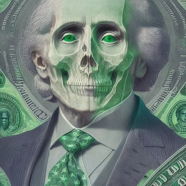 a head and shoulders portrait of a skeleton dressed in a three-piece suit as the president of the united states, based on us currency, united states one dollar bill, shades of green, real-life, colors match the united states one dollar bill, realistic, robotic,