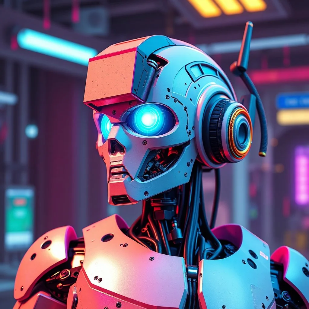 a broken cyberpunk robot, bright colours, futuristic, dystopia, stylised, digital art, 3d render