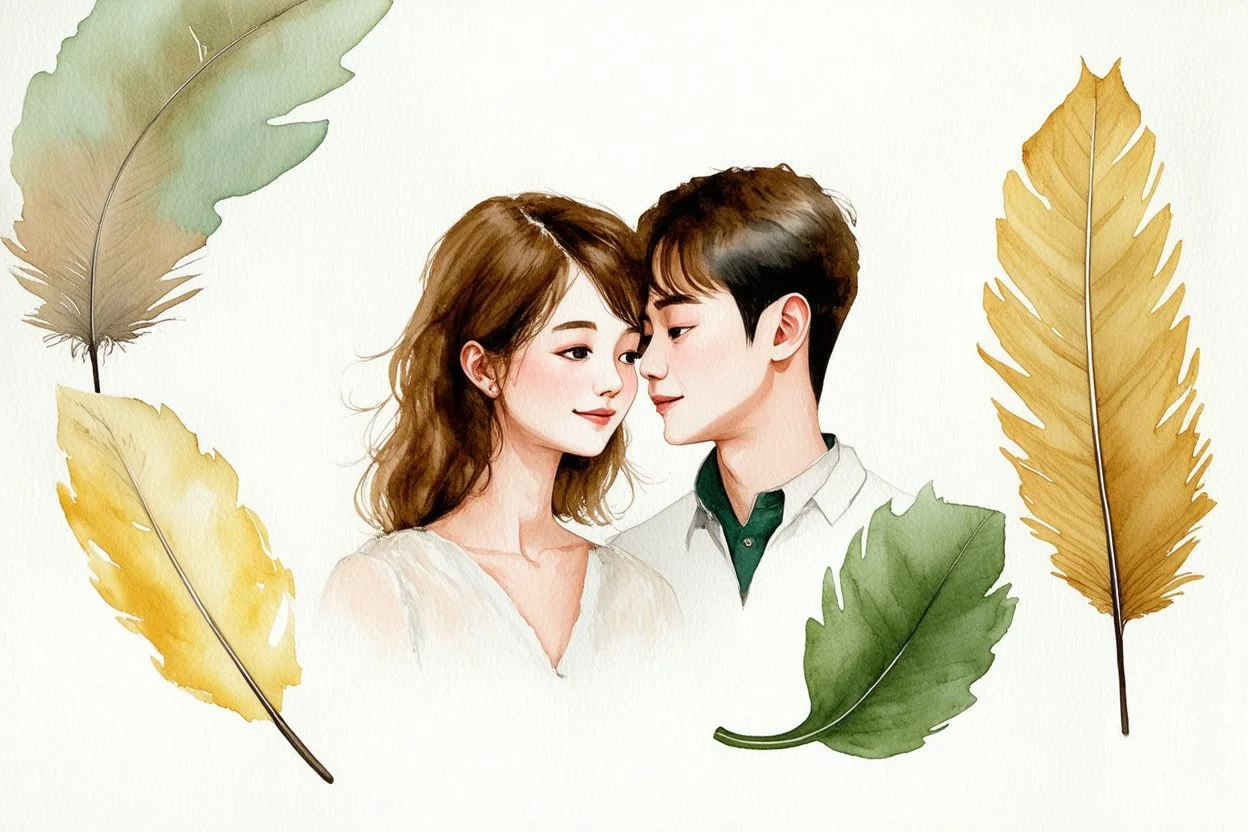 loving couple, A delicate, dreamy watercolour depiction of rusting patina with soft, whispery brush strokes evoking the gentle touch of a feather, blended with pastel hues and textured eggshell impasto, as if the colour has been lifted off the paper, amidst a scattered arrangement of leaves in muted greens and yellows, accented with two bold black lines and two shimmering gold lines, all rendered in the loose expressive, ethereal