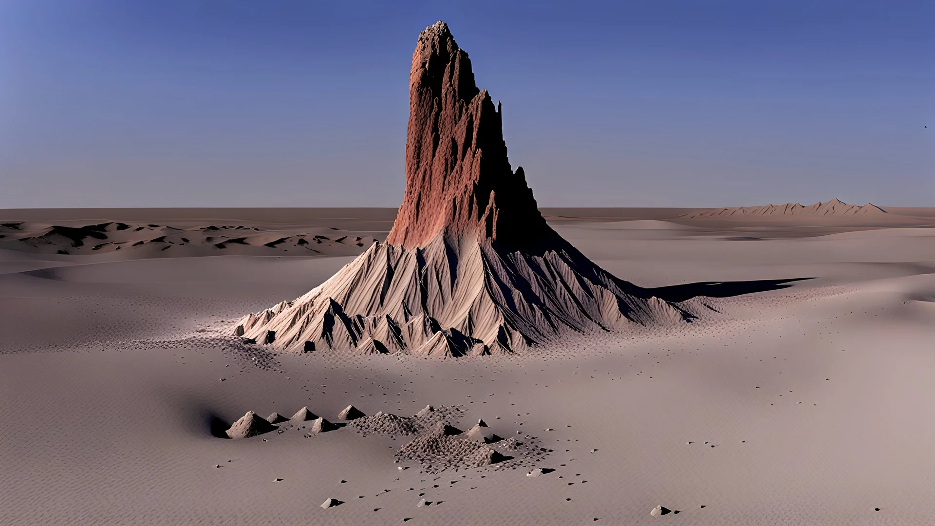 a rock crashes into a rocky surface, causing a crater and an explosion of shrapnel from the surface, and a rocky spire to jut up out of the crater center