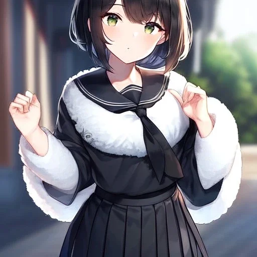 Clear focus, High resolution, fluffy black short hair, dark green eyes, wearing a black sailor uniform and pleated black skirt, fluffy hair, detailed outfit