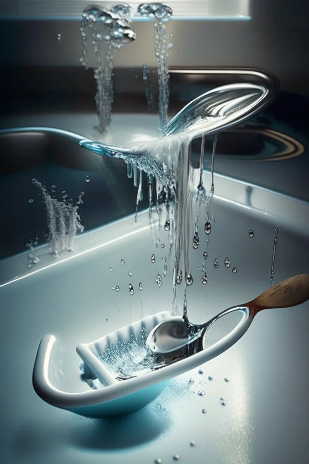 in focus, a jet of water flows into a spoon and splashes everywhere in a sink tray