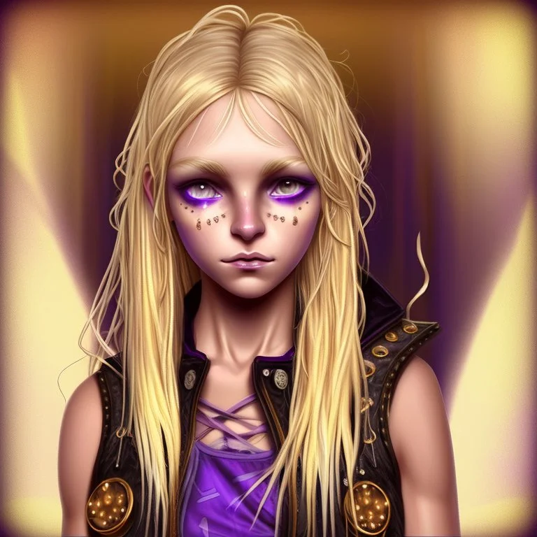 A girl with a purple gold hue around them with small bits of purple gold on their skin. They have long, dirty blonde hair and wear a tank-top with a jacket around their waist and jeans. They wear boots and have violate eyes.