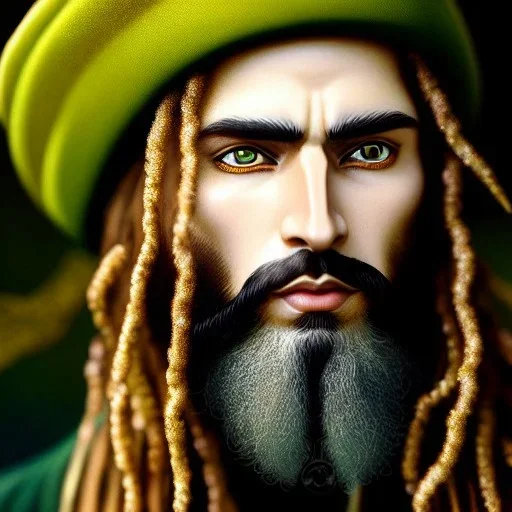 Kyle Rising of Sensi Trails, his handsome and highly detailed white face, long multi-hued golden blond hair, gothic, highly detailed, digital painting, highly detailed background of marijuana leaves, artstation, smooth, sharp focus, illustration, art by lisa frank, artgerm and greg rutkowski and alphonse mucha and william adolphe bouguereau, reggae