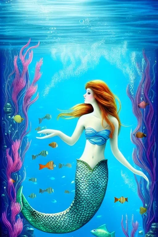 underwater scene, a mermaid, beautiful colors, fish, very fine detail, high quality, mystical, romanticism, intricate, Neo-Impressionism, soft lighting, dream like,