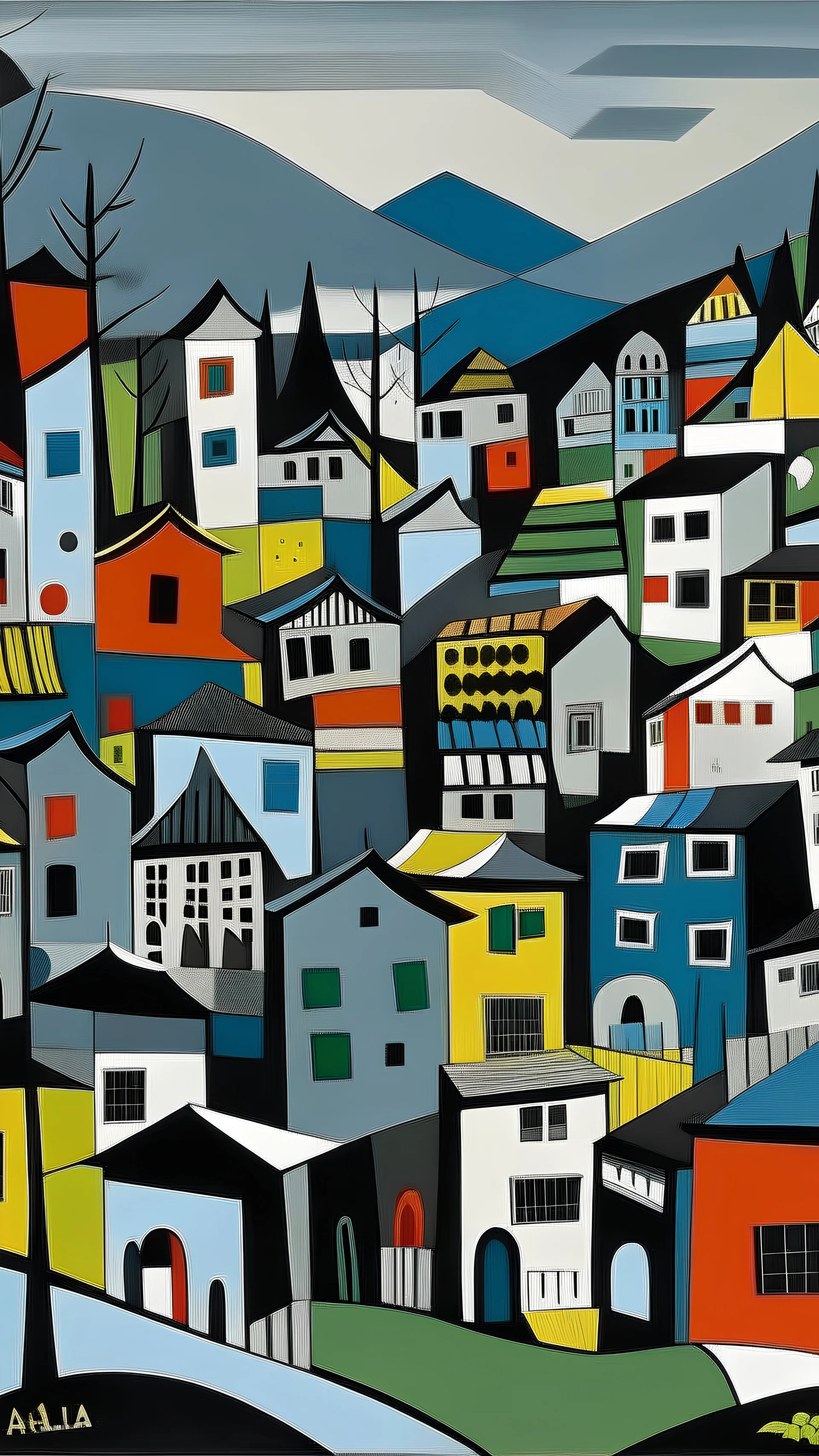 A gray village on a mountain painted by Stuart Davis