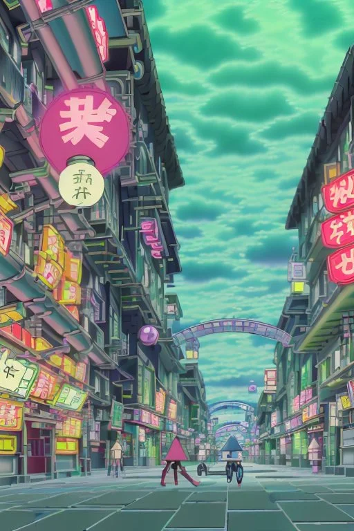 A kinetic still from a chase scene in Gastown, showing Yui and Toshi navigating through a maze of unpredictable, odd tech. Unstable portals open and close randomly, buildings shift and transform in real-time, and drones with morphing geometries pursue them. The neon-lit, chaotic tech-scape adds a surreal dimension to their escape.