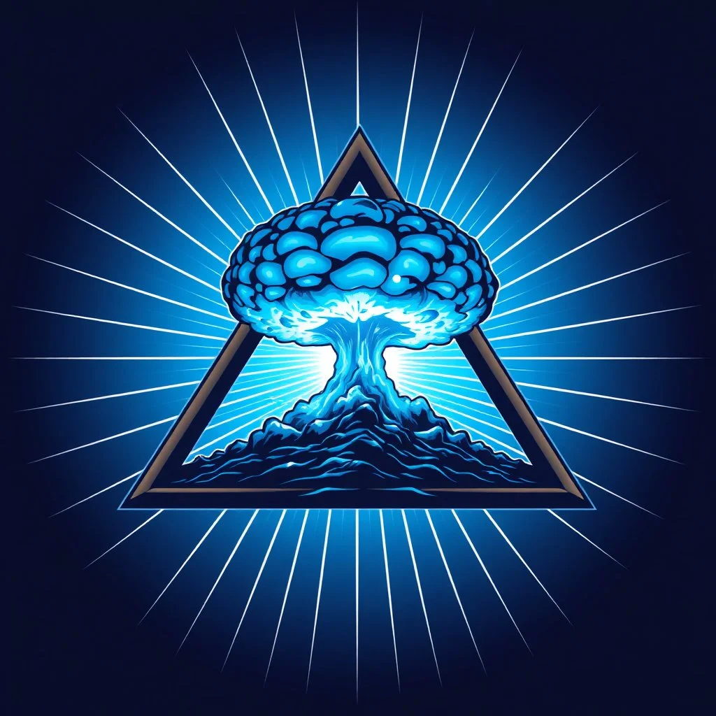 a blue nuclear explosion mushroom cloud inside an equilateral triangle, radiant lines, vector logo