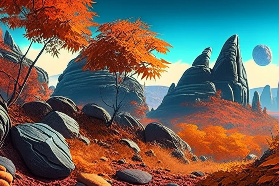 autumn vegetation, exoplanet in the horizon, big stones, cliff, science fiction.