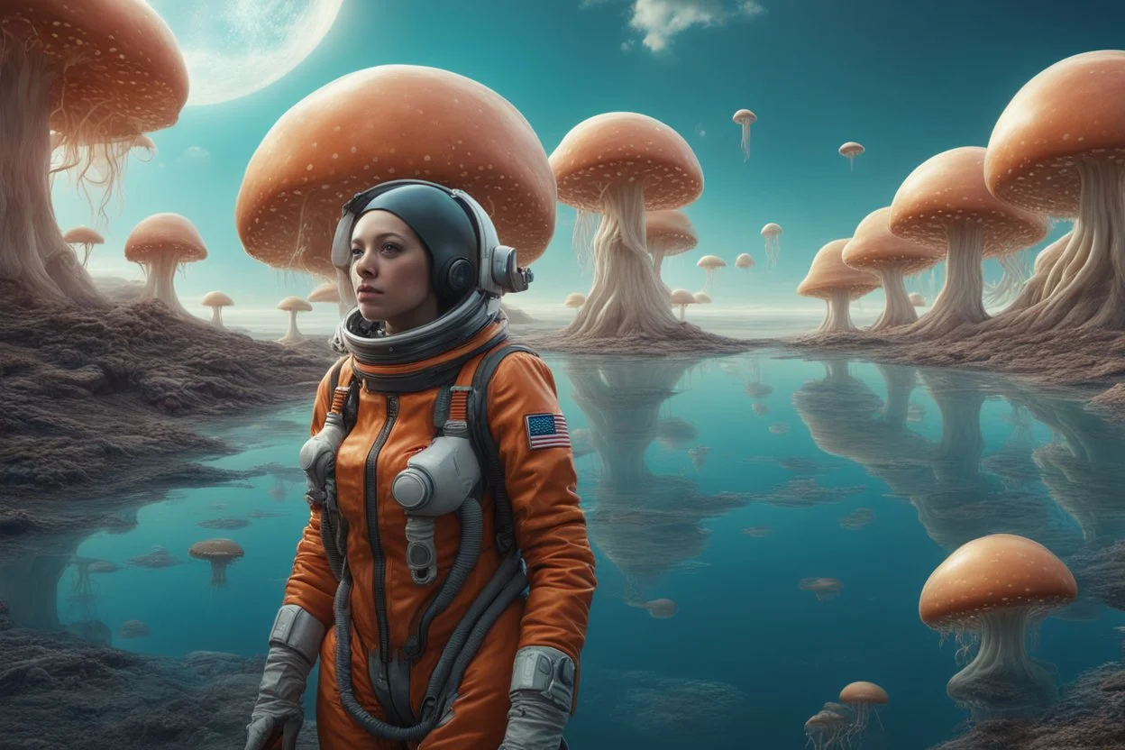 woman in a spacesuit, on the shores of an alien world, with mushrooms, with jellyfish tentacles floating in the air, photorealistic, Detailed Matte Painting, Deep Colour, Fantastical, Intricate Detail, sunshine, blue sky